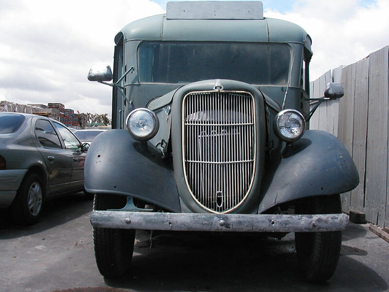 1935 Ford bus on day of arrival