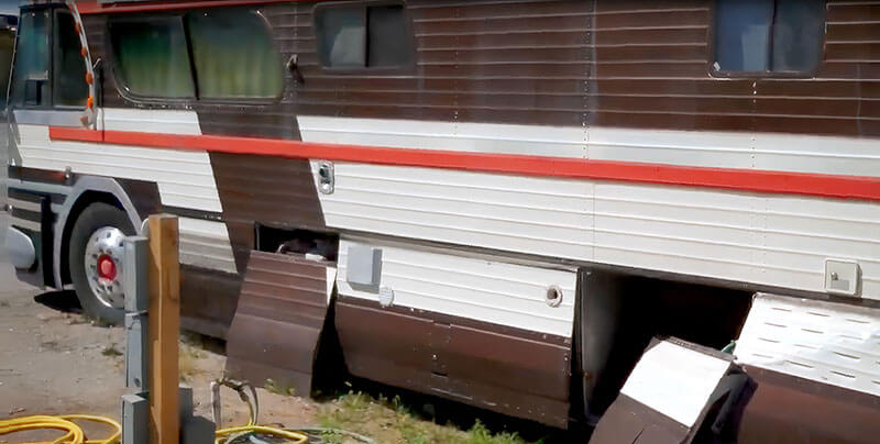 The bus was found with the bay doors falling off.