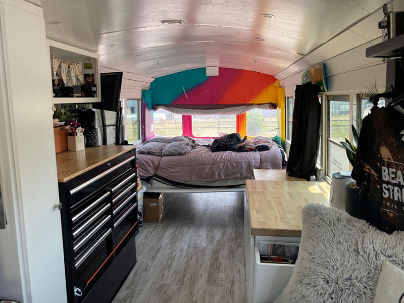 Queen size Puffy mattress on Murphy bed. The back wall is painted by Nashville
artist Jocelyn Limme.