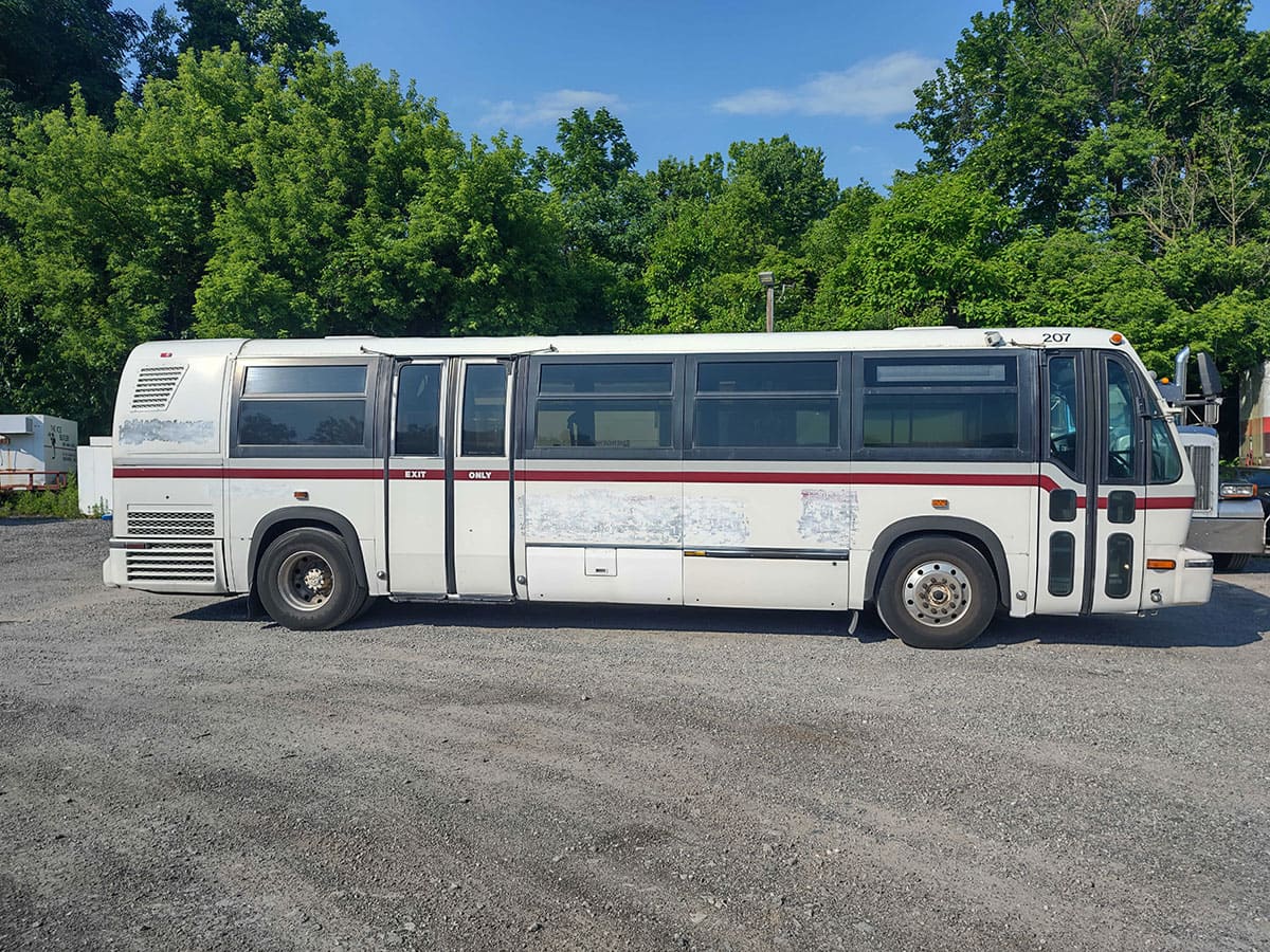 Side view showing the extensive paint damage.