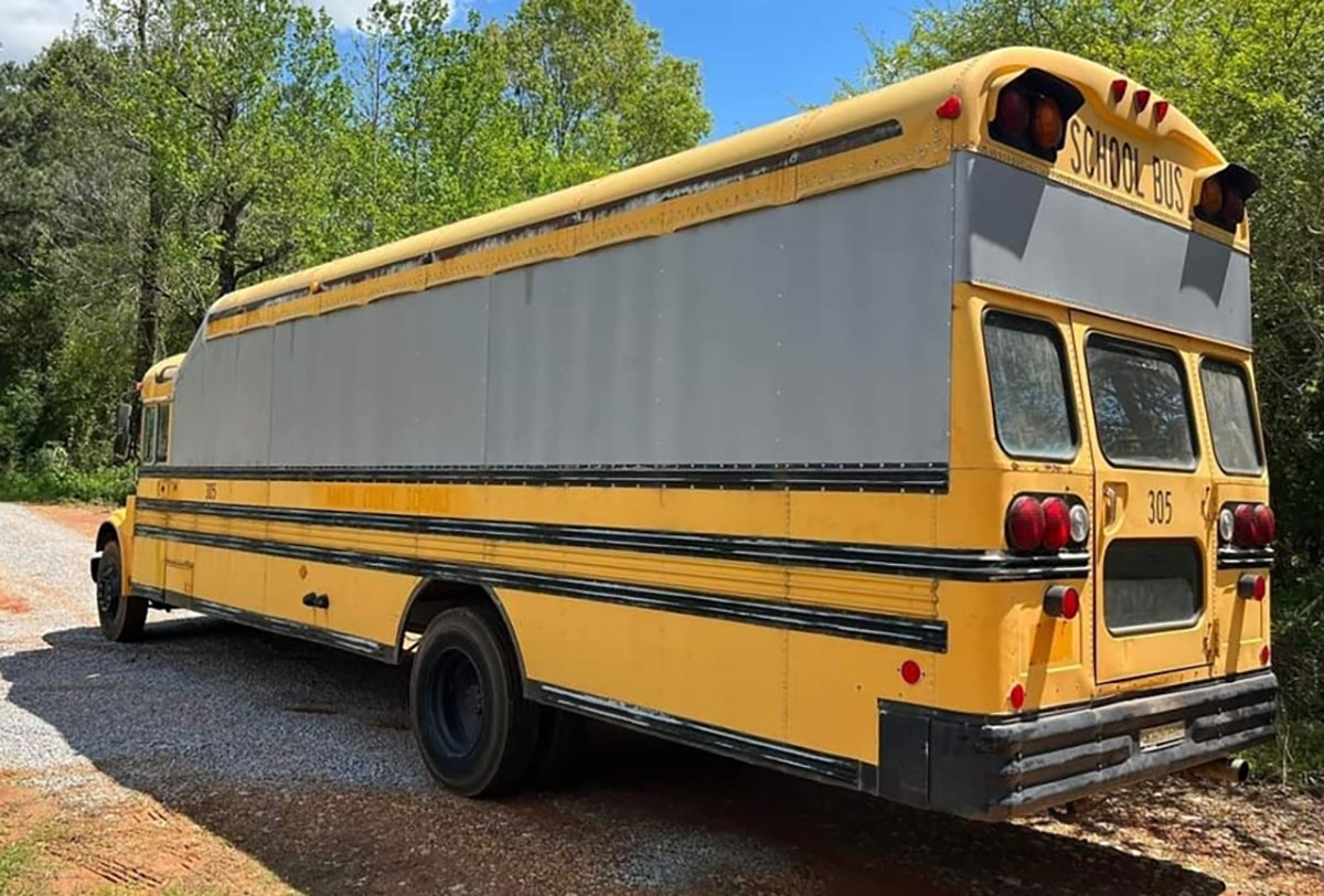 Here is a Skoolie that is in the process of a roof raise and a window delete. It will be exciting to see how many windows they add back in.