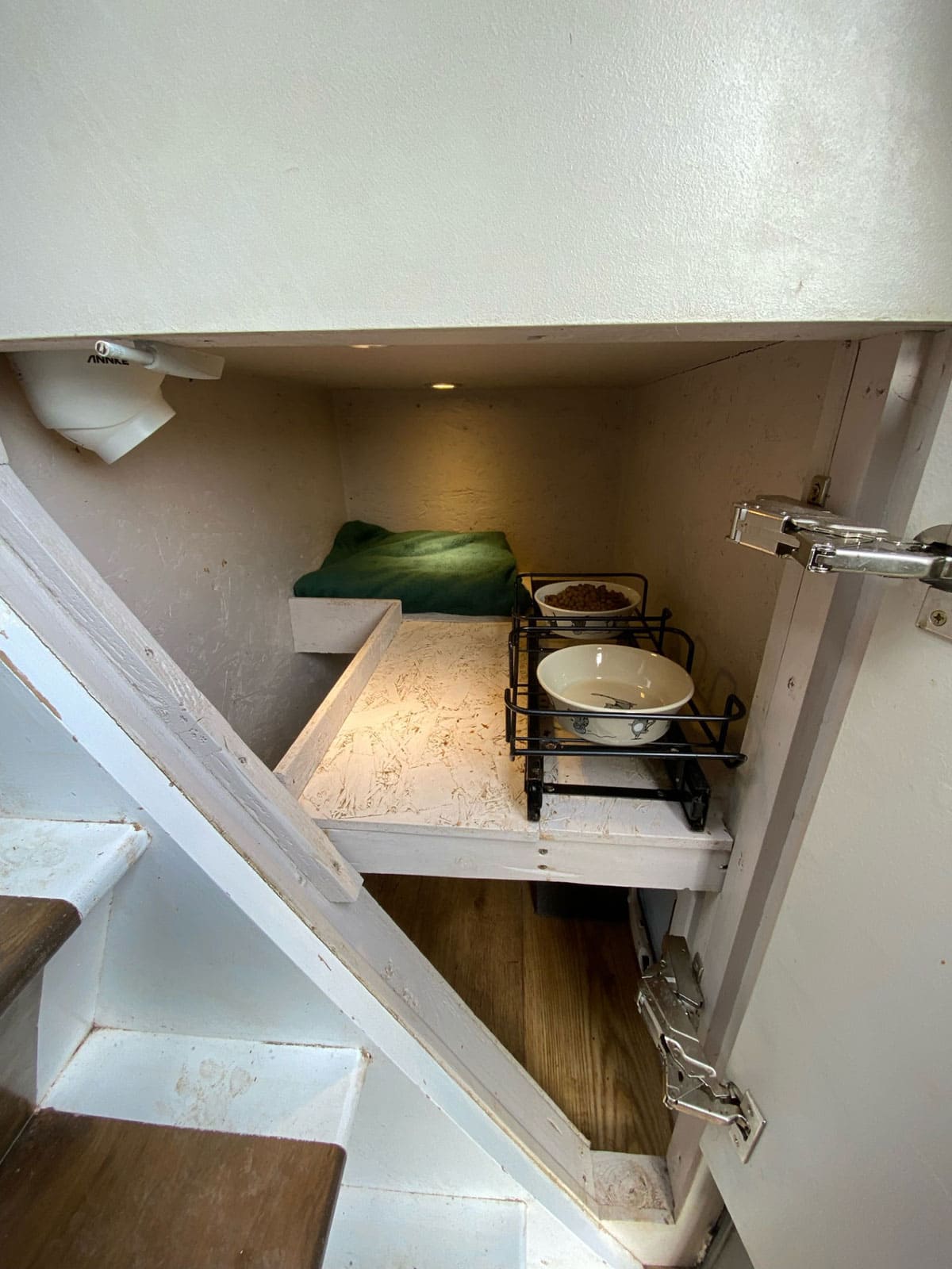 The cat’s private area in our bus.